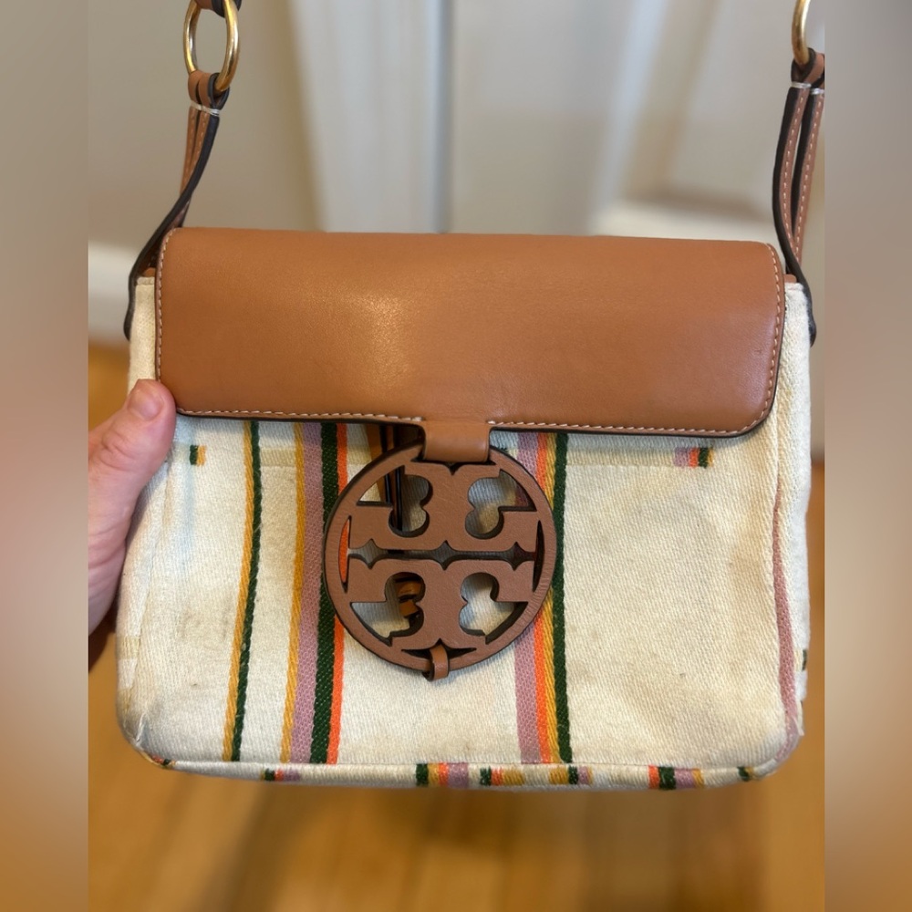 Tory Burch miller stripe crossbody bag 
Striped plaid double weave